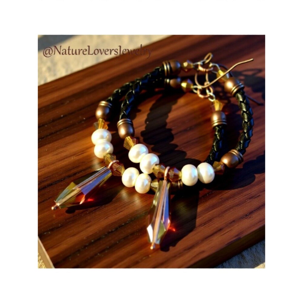 SEXY!!! Boho Hoop Earrings w. Leather, Crystals & Pearls - Total KickA$$ Hoops!